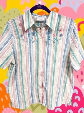 Vintage Alfred Dunner striped pastel sequin floral button up